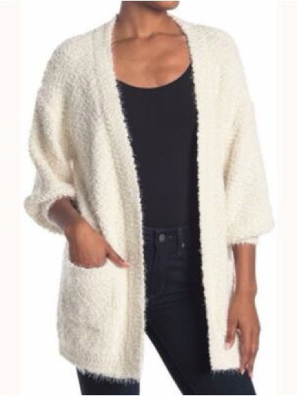 FRNCH Paris Sofy Fuzzy Open Front Cream Boucle Eyelash Cardigan in M / L